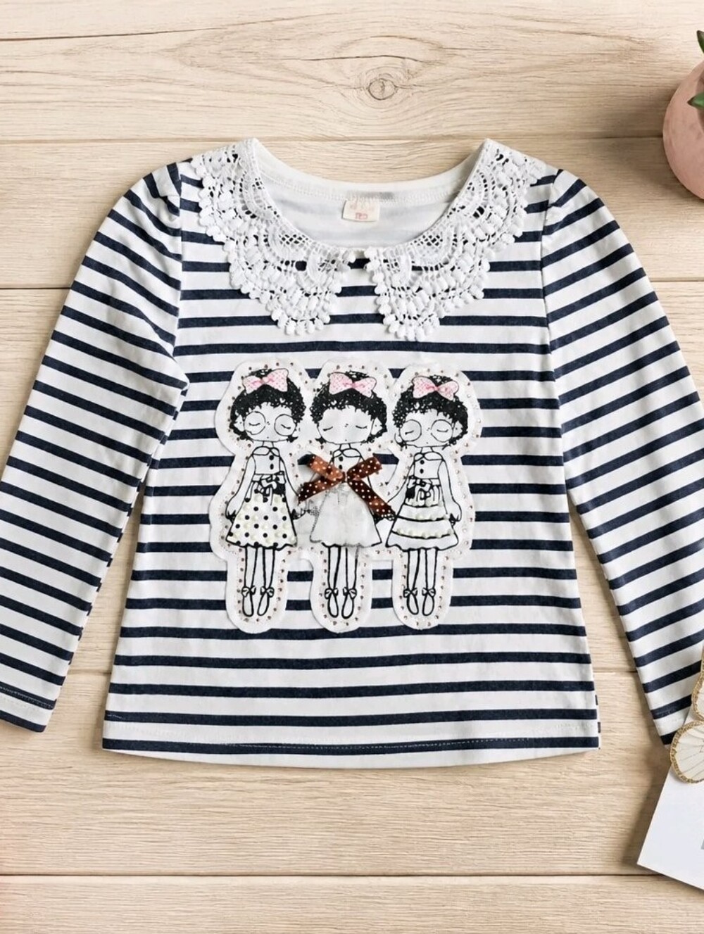 Girls Striped Top Vintage Style Sweet White Lace Peter Pan Collar Ballerina 10 - Picture 1 of 7